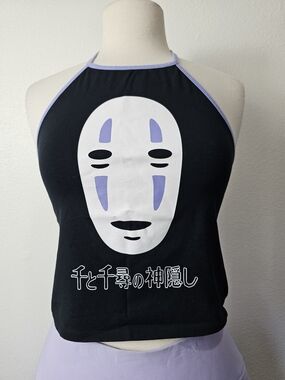 Spirited Away No Face Halter Top in Black with Lilac Trim